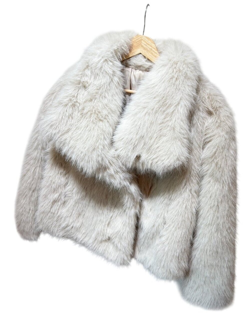 Faux Fur Cropped Jacket In Soft Ivory With Satin Lining Size L